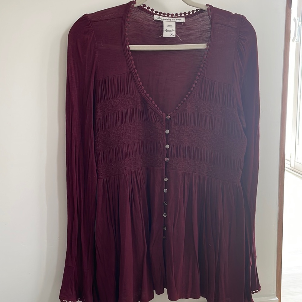 American Rag juniors burgundy smocked babydoll top size XL